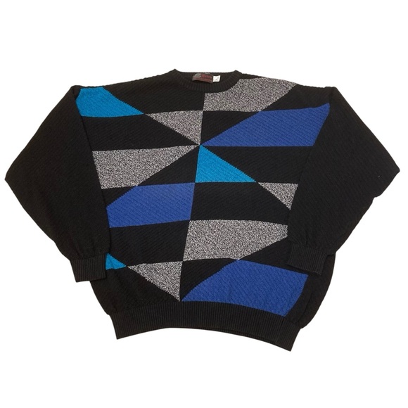 Vintage Other - Vintage 80’s 90’s Geometric Black Blue Sweater Retro Eclectic Grandpa Mens Large